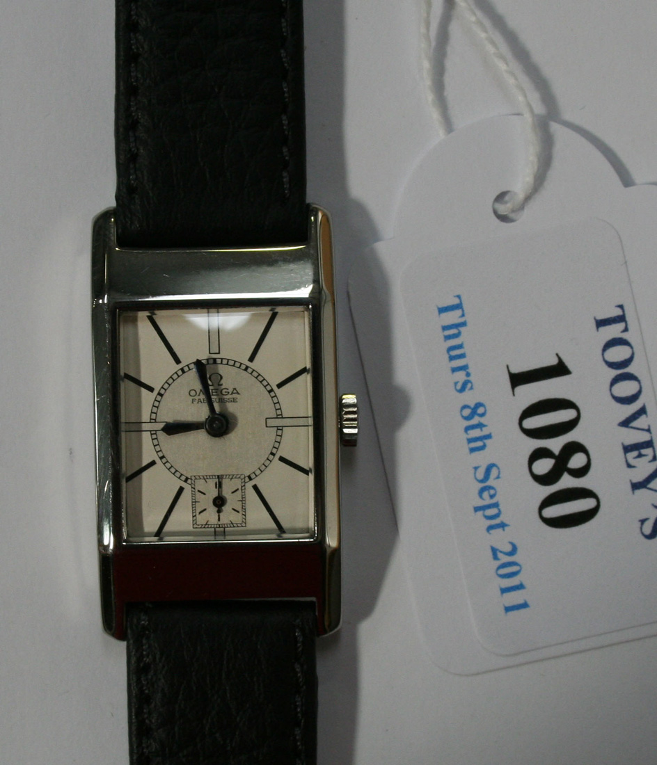 An Omega rectangular steel cased gentleman's wristwatch, the signed ...