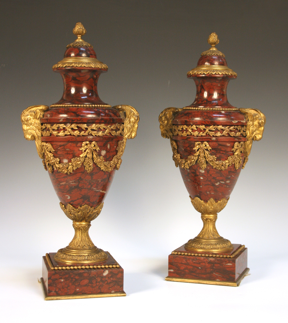 A Pair Of Late 19th Century French Rouge Marble And Ormolu Mounted Urns 