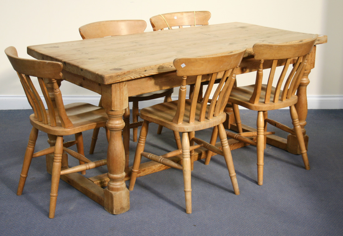 A 20th Century pine kitchen table, length approx 166cm, together with a ...