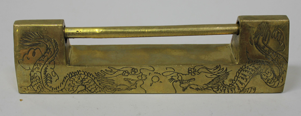 Chinese Brass Lock & Key, etched design of double gourd and leaves