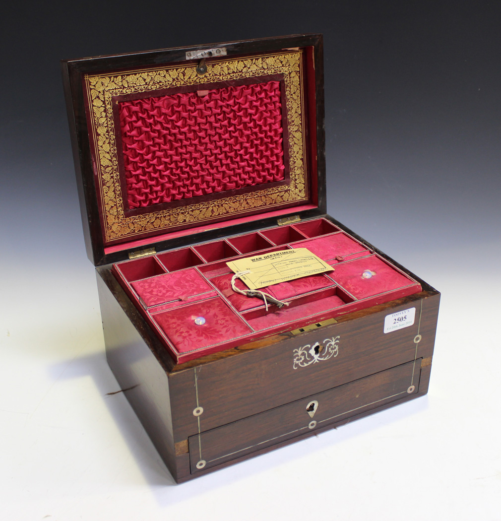 An early Victorian rosewood and mother-of-pearl inlaid jewellery box ...