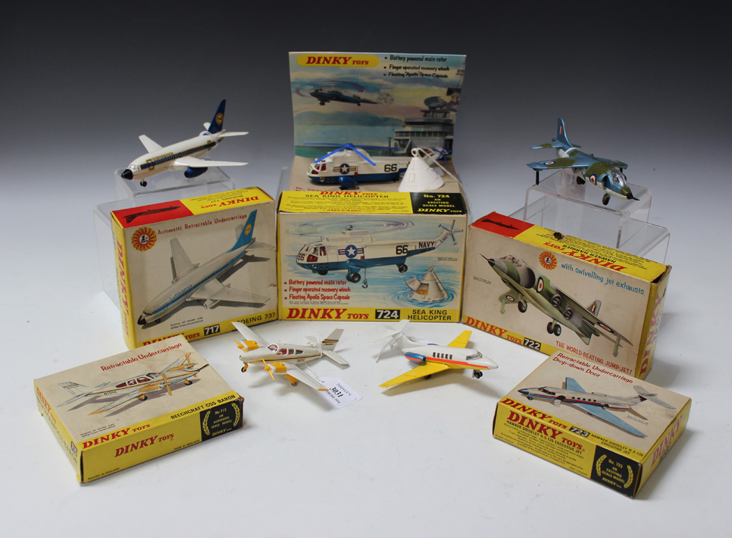 Five Dinky Toys aircraft, comprising a No. 715 Beechcraft C55 