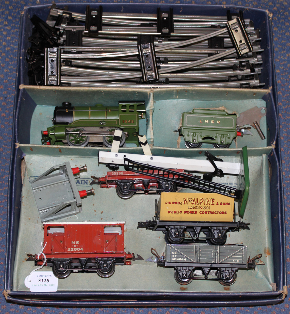 A Hornby gauge O clockwork No. 601 goods train set, comprising an 0-4-0 ...