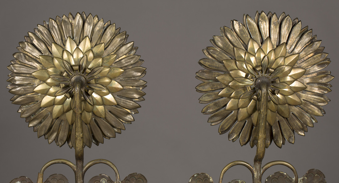 Brass Aesthetic Movement Sunflower Andirons C 1875 - Decorative
