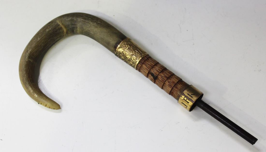 A Late 19th Century Rhino Horn Walking Stick Handle With Applied Foliate Engraved Gold Plated Collar 8276