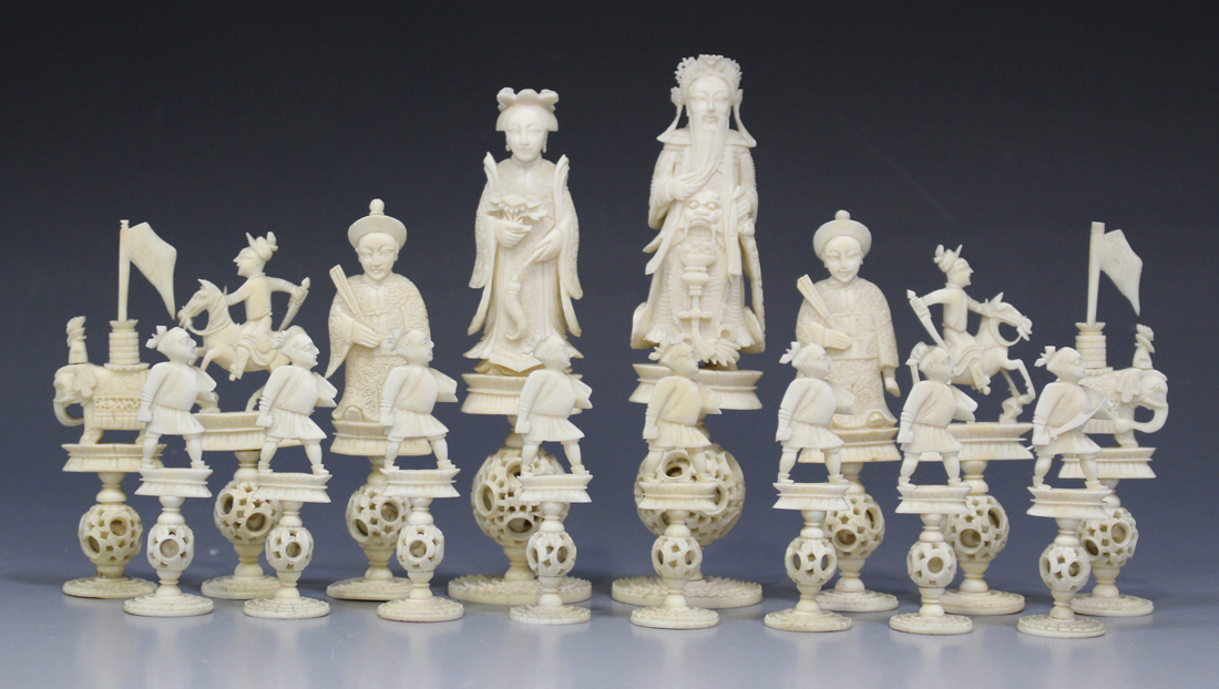 Stained and White Ivory Puzzle-Ball Chess Set China Early 20th Century CE