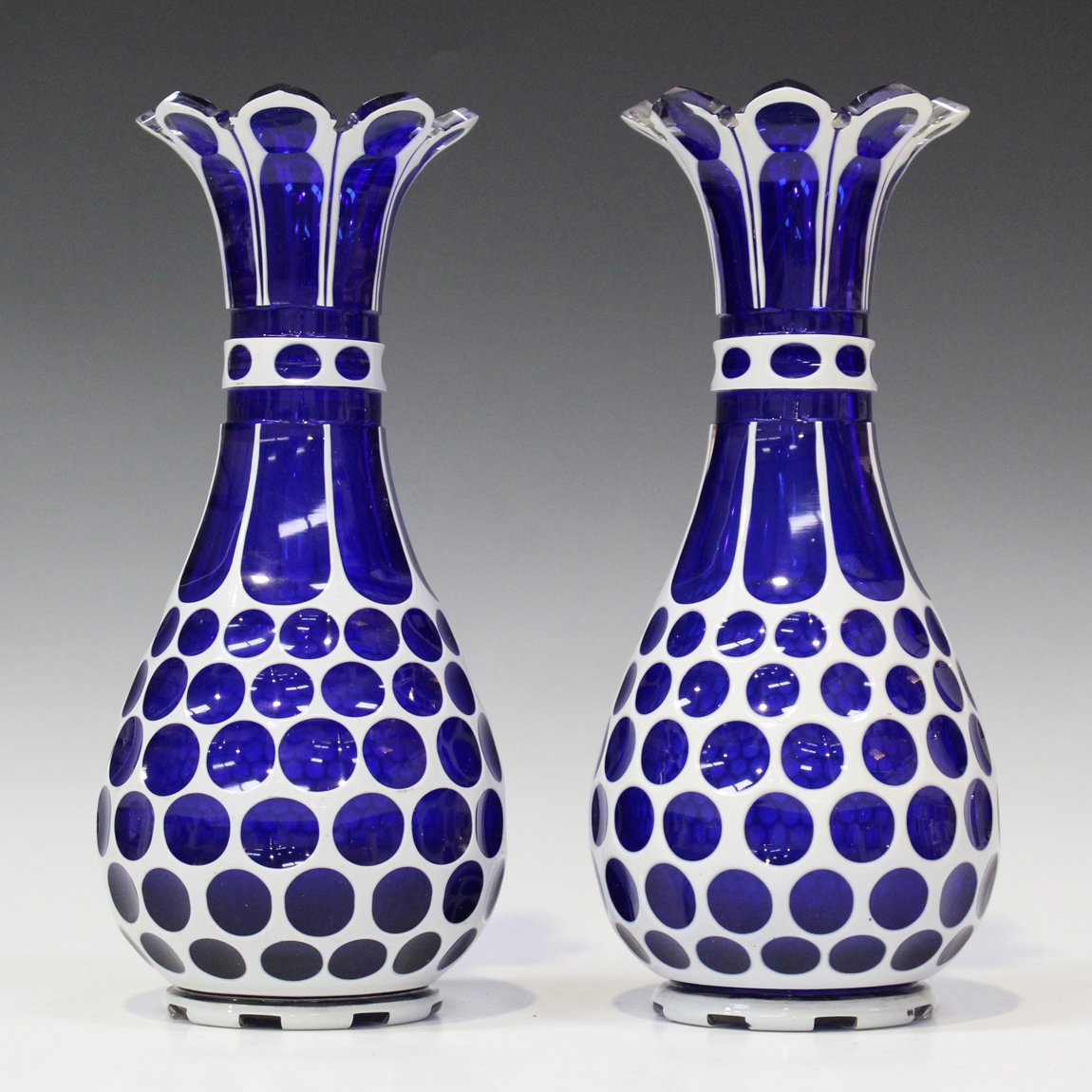 A Pair Of Bohemian White Flash Overlay Blue Glass Vases Mid Late 19th Century Each Pear Form Body