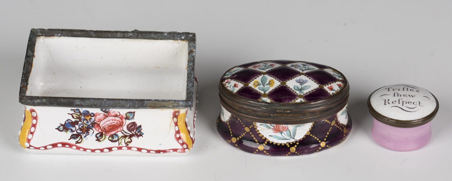 A mid-18th century South Staffordshire enamel oval snuff box, the ...