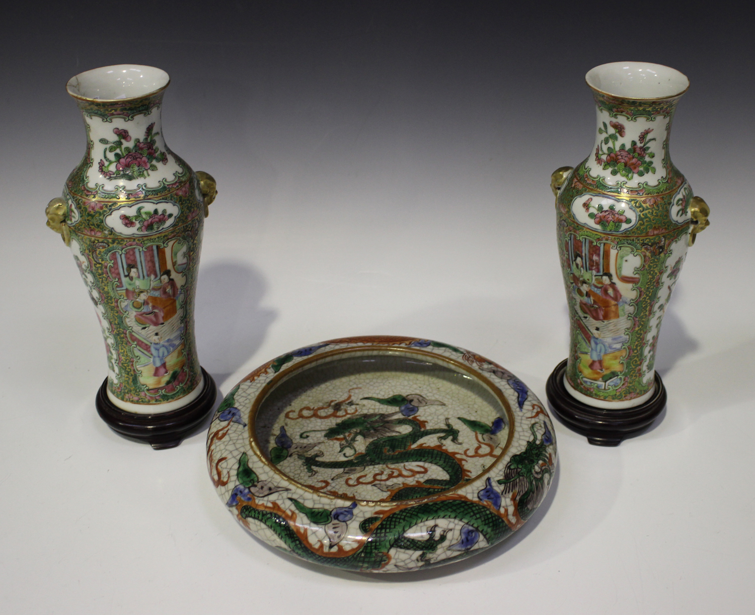 A Pair Of Chinese Canton Famille Rose Porcelain Vases Late Th Century Each Slender Baluster Body