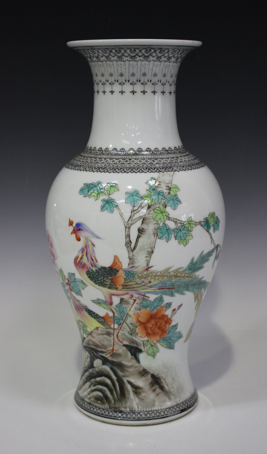 A Chinese Famille Rose Porcelain Vase Mid Th Century Of Baluster Form Painted With A Pair Of Fe