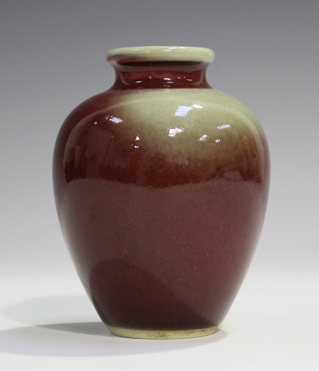 A Chinese sang-de-boeuf glazed vase, 20th century, of ovoid form ...