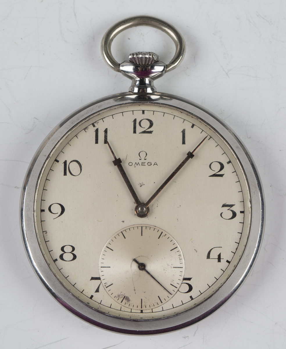 An Omega keyless wind steel cased gentleman's pocket watch, the signed ...