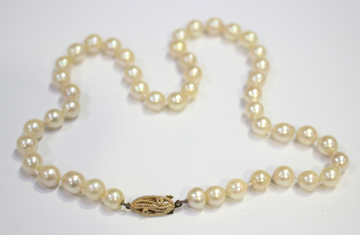 A single row necklace of cultured pearls on a 9ct gold clasp, length ...