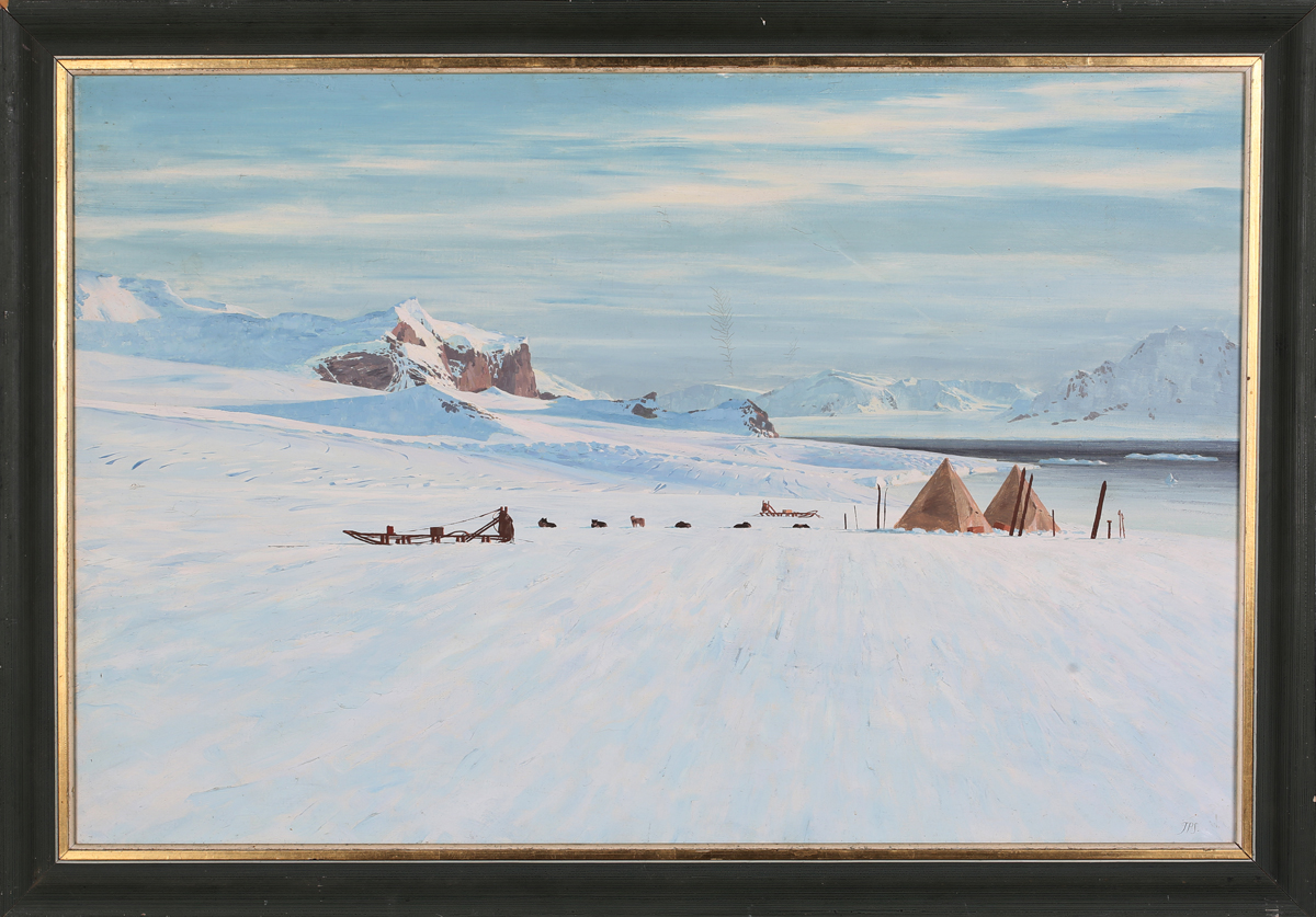 John P. Smith - Antarctic Landscape with Tents, Sledges and Huskies ...