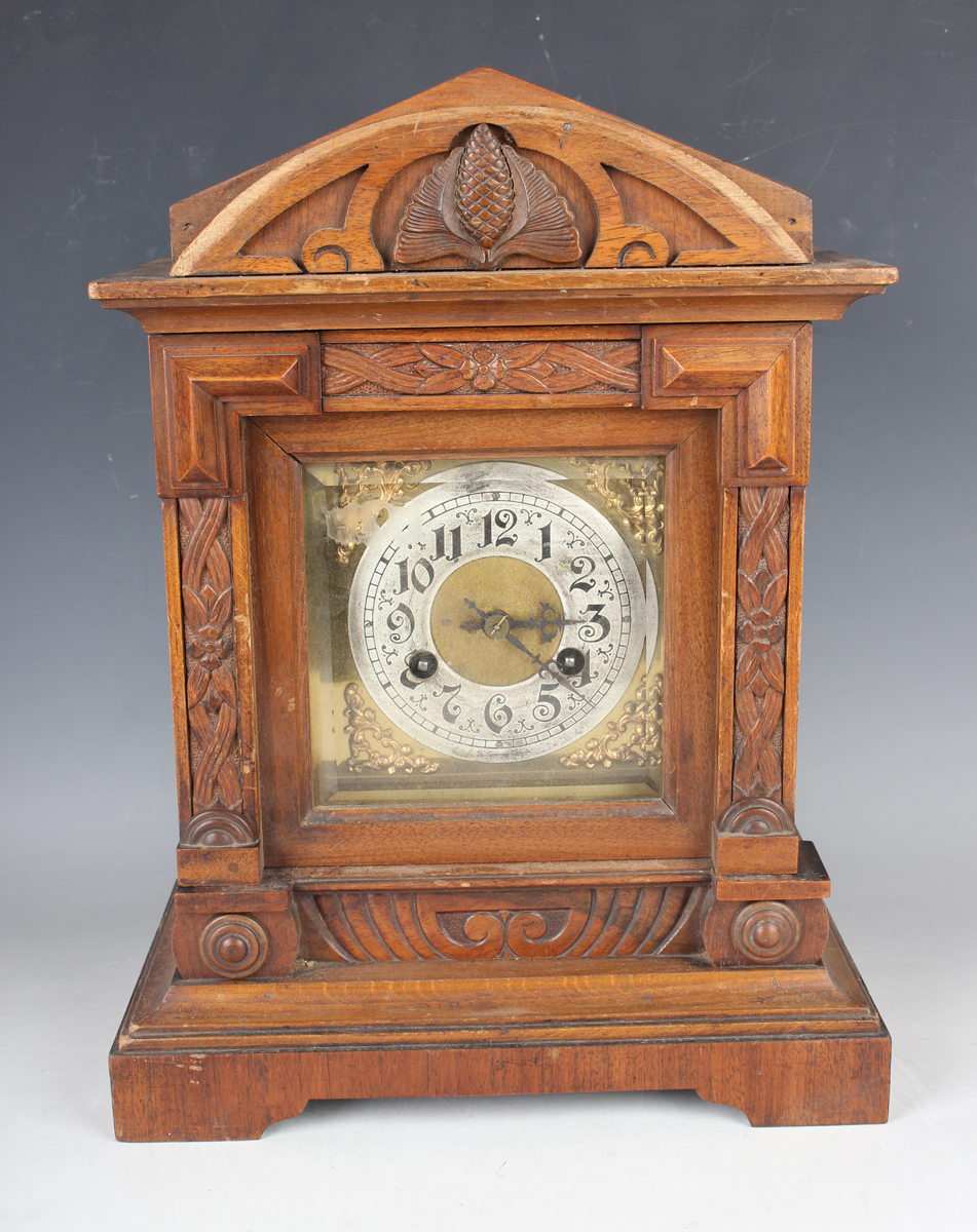 A Late 19th Century German Walnut Mantel Clock With Junghans Eight Day Movement Striking On A Gong