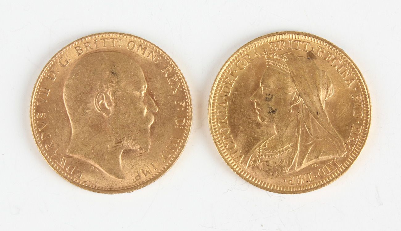 A Victoria Old Head sovereign 1893 Sydney Mint and an Edward VII ...