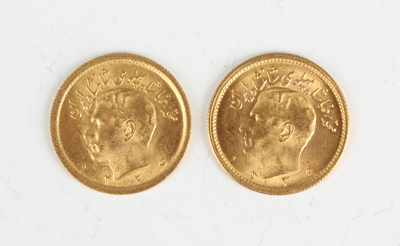 Two Iran Mohammad Reza Pahlavi gold half-pahlavi coins 1957.