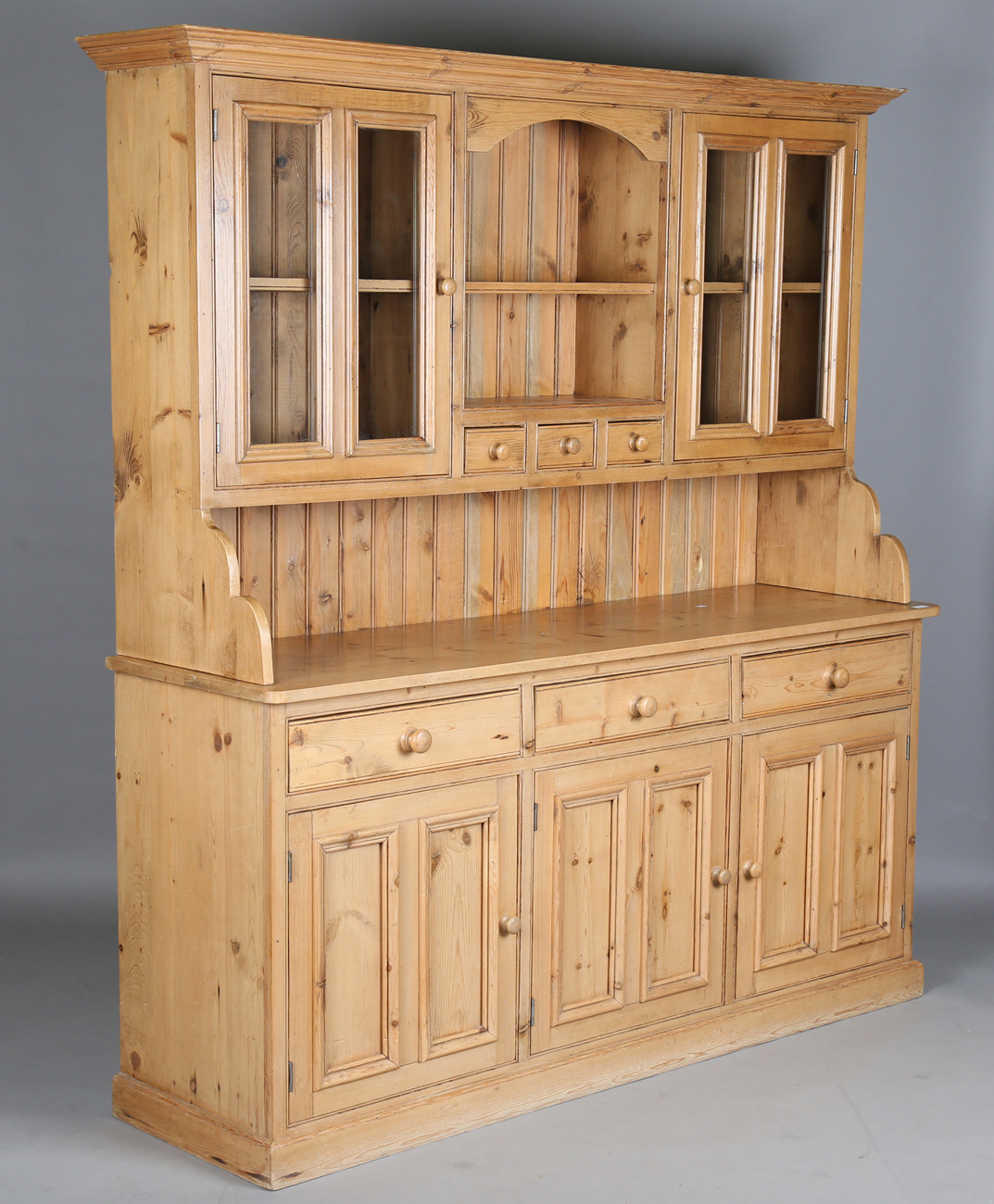 A Modern Reproduction Pine Kitchen Dresser The Glazed Top Above   2098 