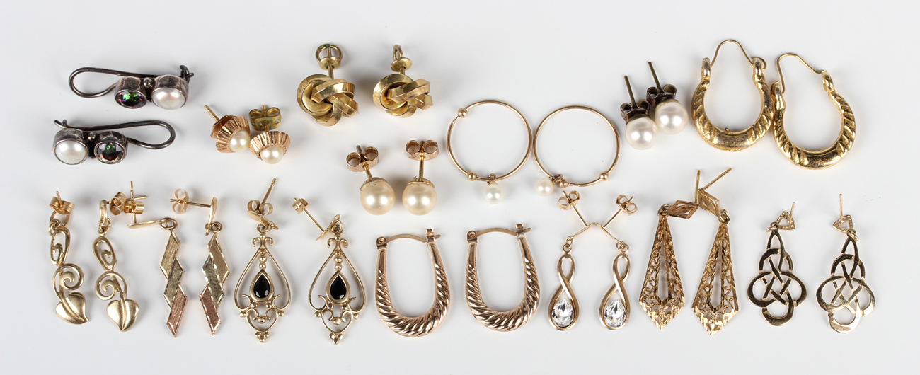 Ten pairs of gold earrings and earstuds, including a pair of 9ct gold ...