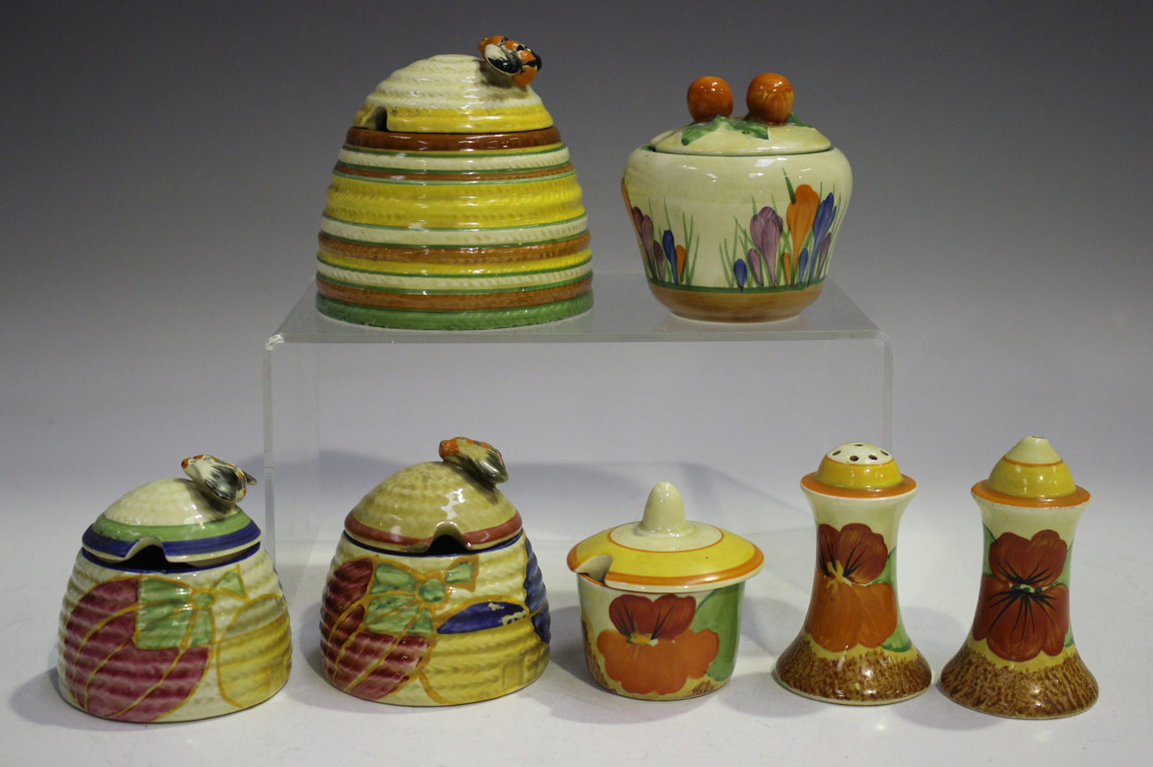 A Clarice Cliff Bizarre Nasturtium pattern cruet set, 1930s, comprising 