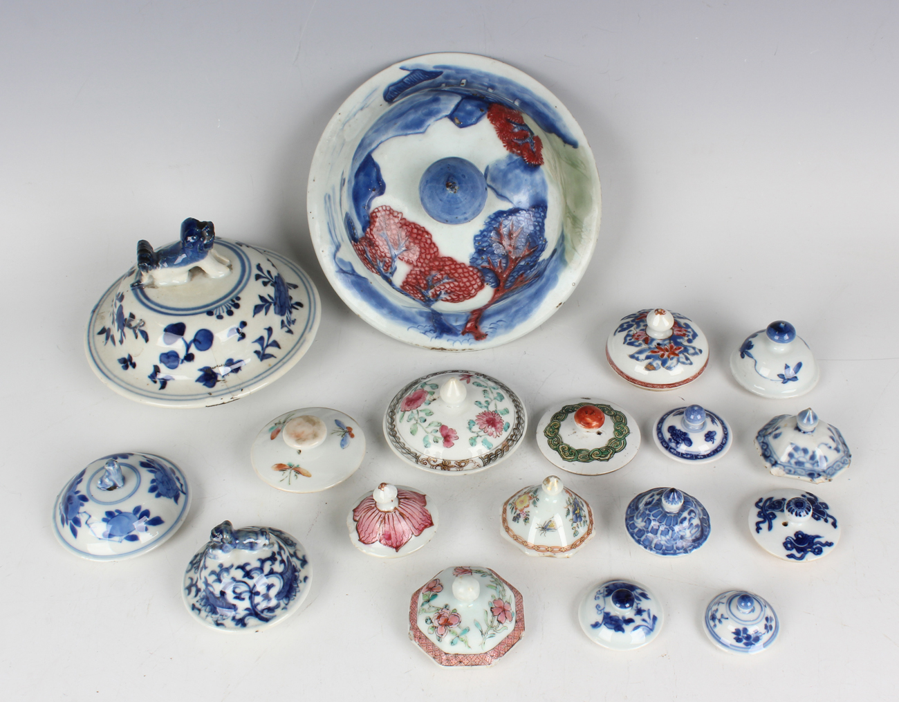 A collection of Chinese porcelain covers/lids, mostly Kangxi and