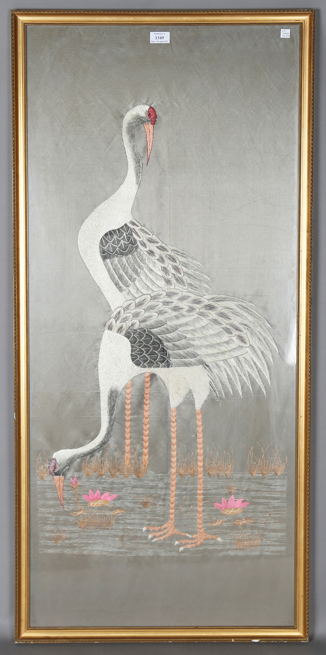A Japanese Silk Embroidered Panel Meiji Period Finely Worked With A Pair Of Red Capped Cranes Wadi