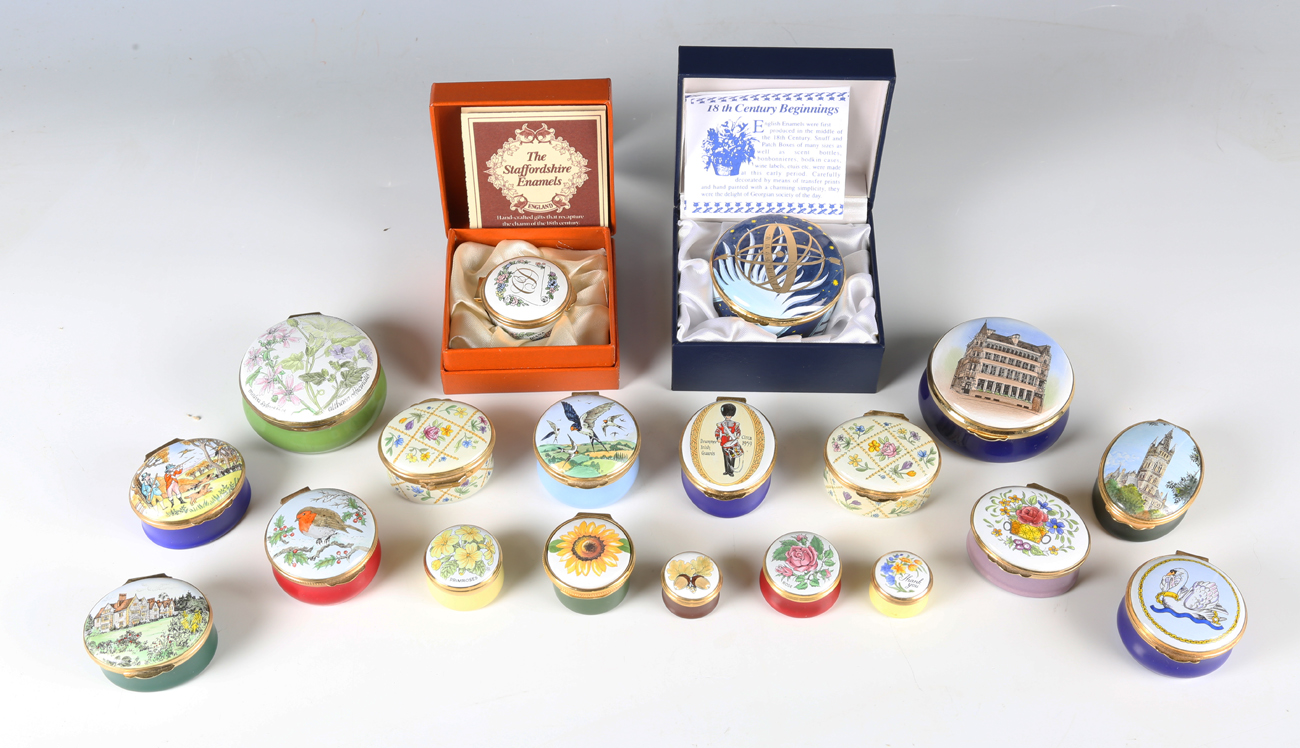 A collection of thirteen 'Crummels' enamel miniature boxes, a Halcyon ...