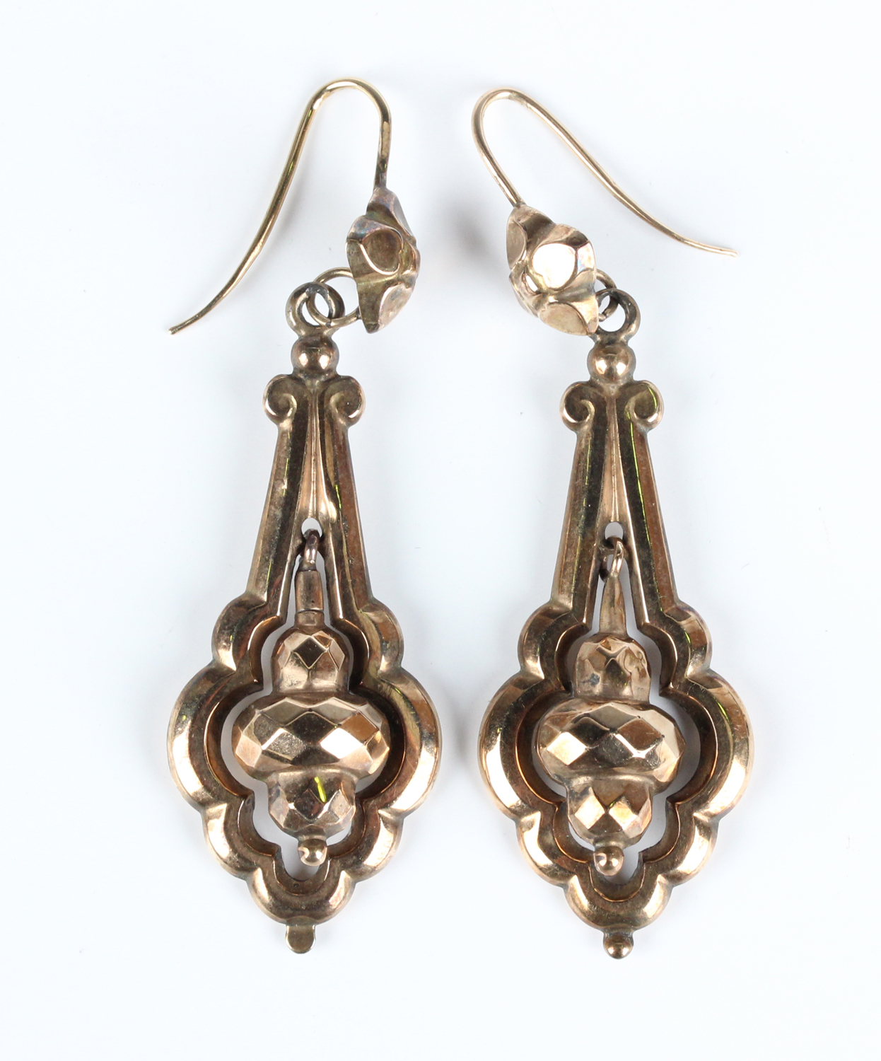 A pair of Victorian gold drop shaped pendant earrings with wire ...