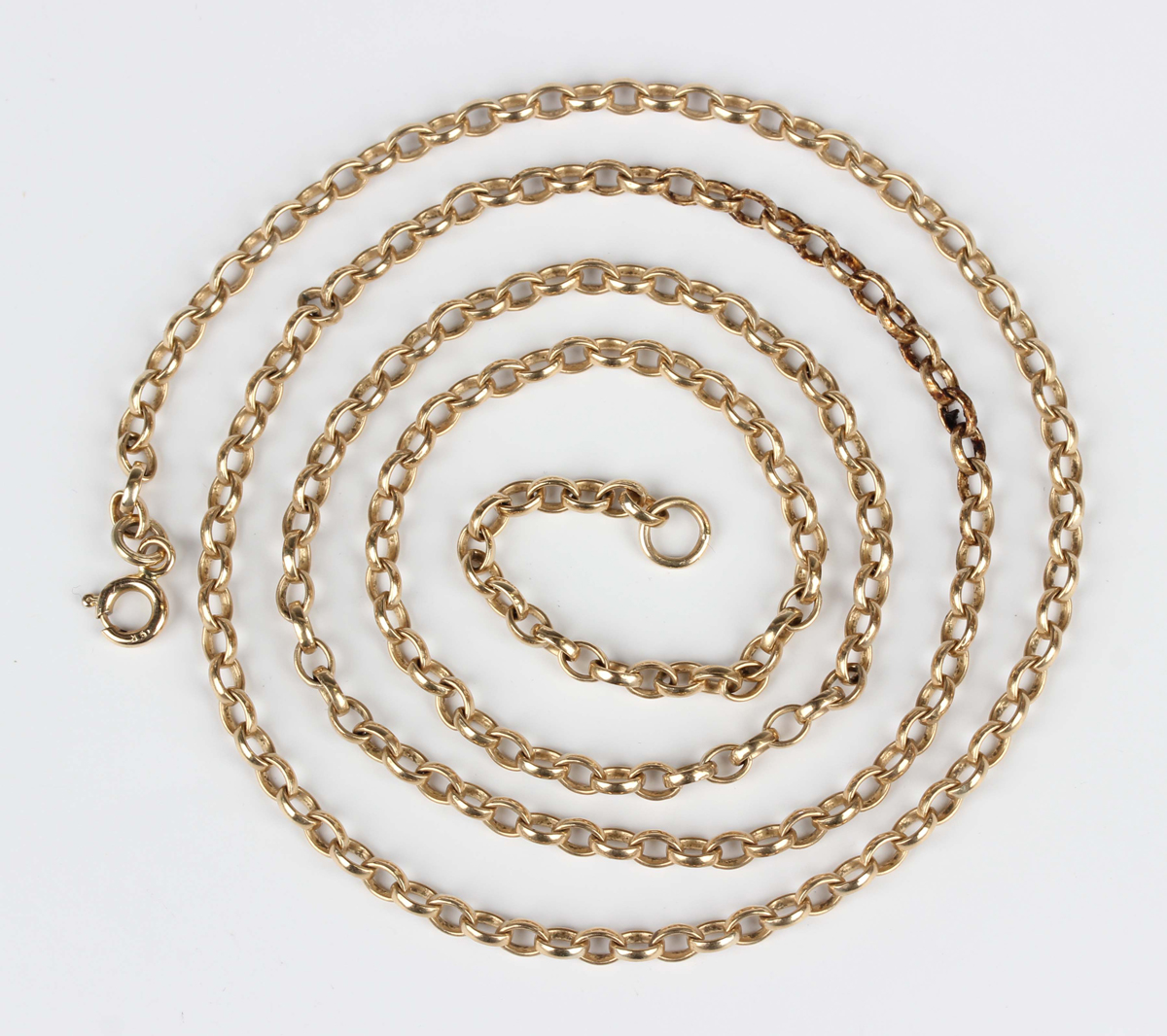 A gold oval link neckchain on a boltring clasp, detailed '9K', weight ...