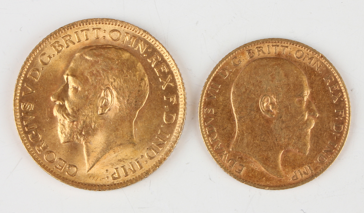 A George V sovereign 1915 and an Edward VII half-sovereign 1910.