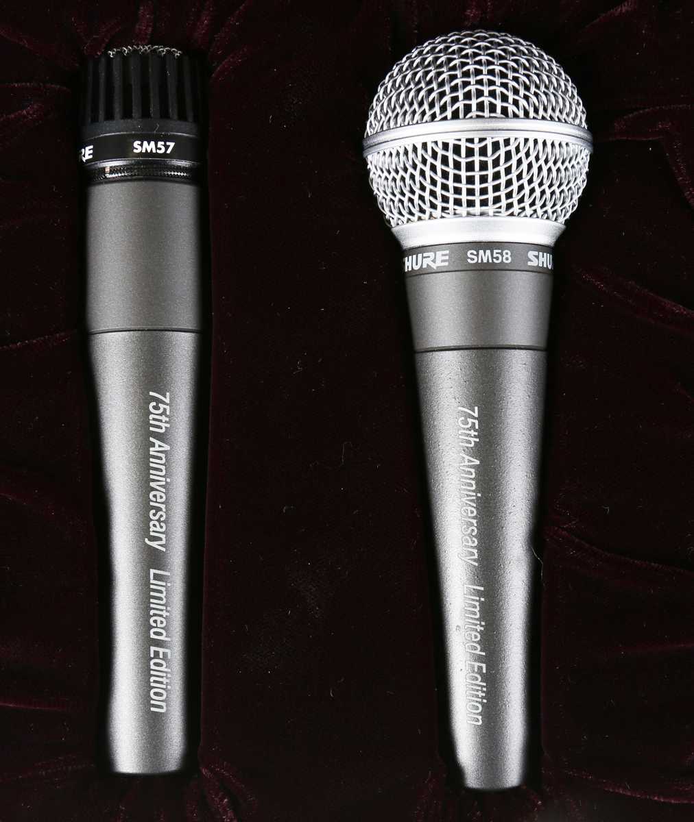 A Shure 75th Anniversary Limited Edition SM57 and SM58 microphone